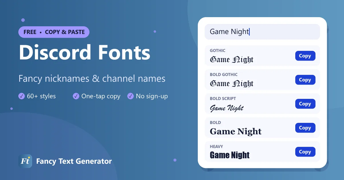 Discord fonts generator showing gothic, bold and decorated nicknames for a Discord server