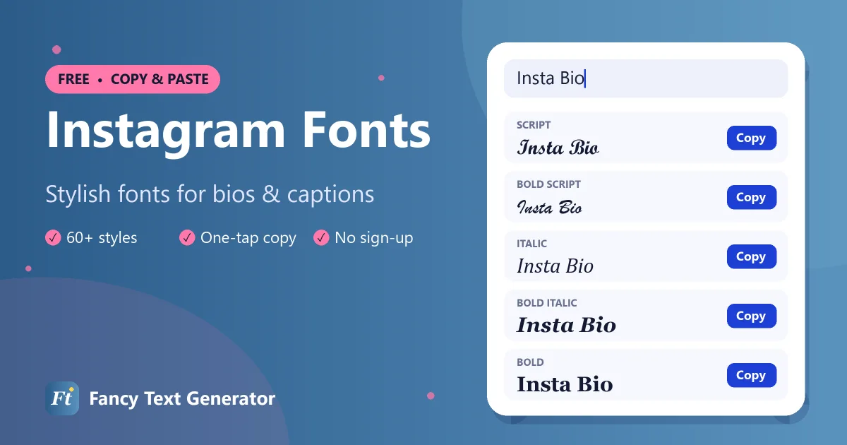 Instagram fonts generator showing cursive, bold and aesthetic bio fonts on a phone profile