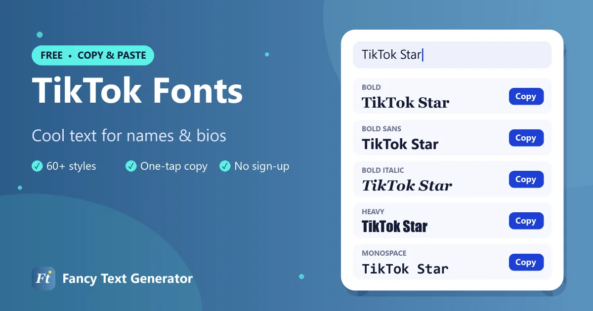TikTok fonts generator with bold, glitch and cursive text styles for a TikTok bio