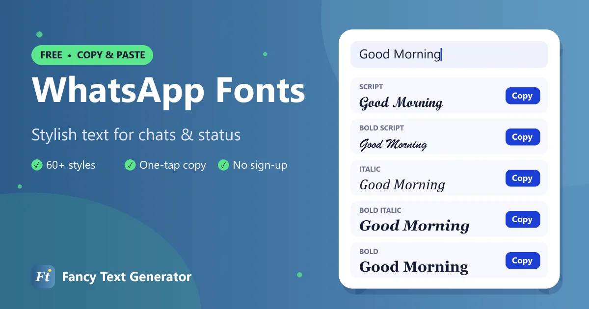 WhatsApp fonts generator showing stylish cursive and bold text in a chat message
